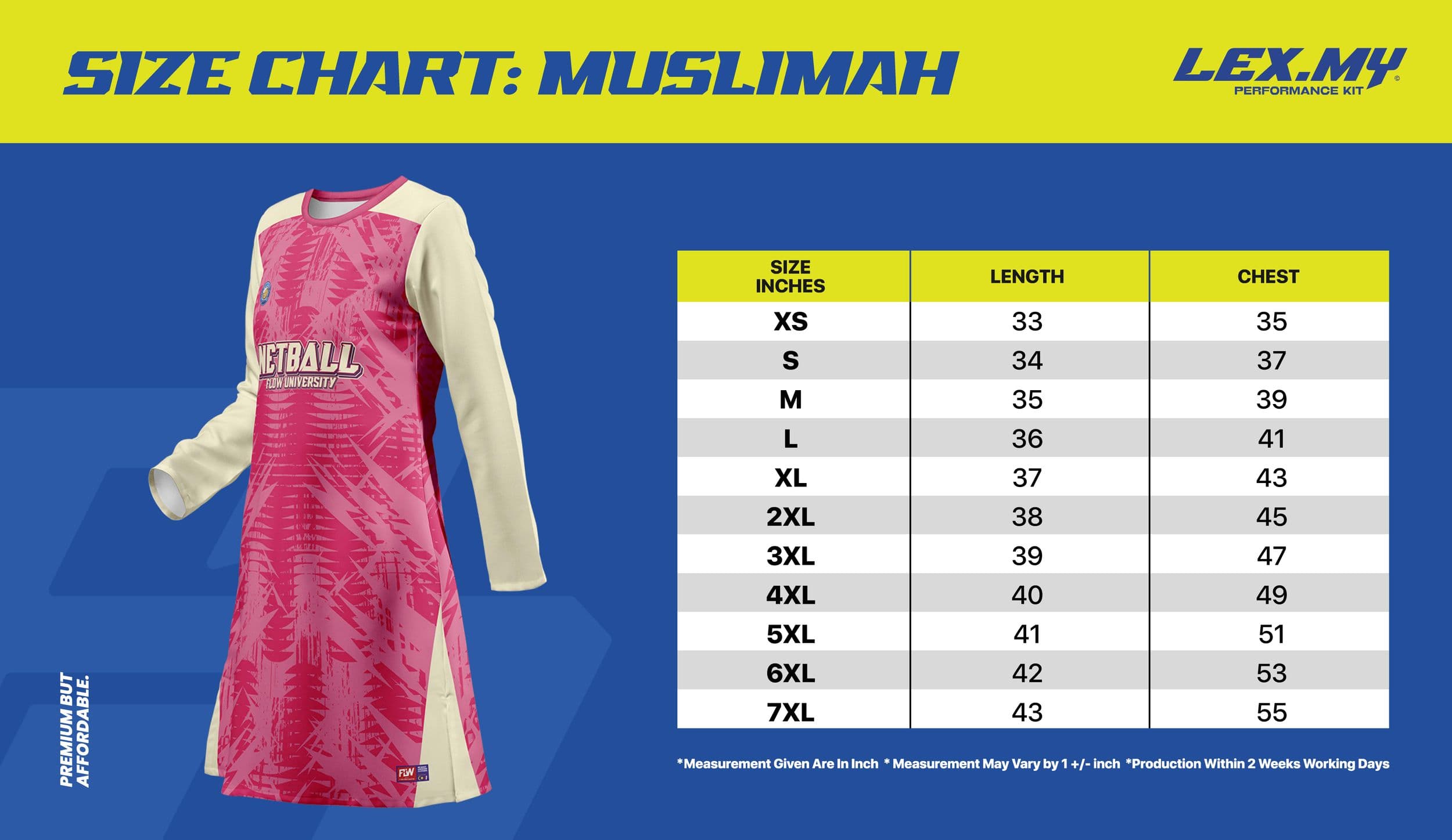 ADULT MUSLIMAH Size Chart